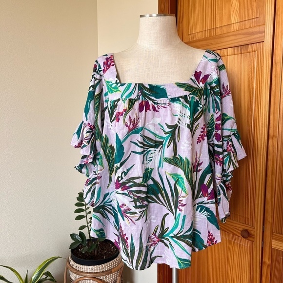 NWT Terra & Sky 2X Hawaiian Print Ruffle Sleeve Bloyse Square Neck - Picture 3 of 9